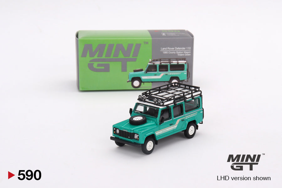 Land Rover Defender 110 1985 County Station Wagon Trident Green - Mini GT - Scala 1/64 MGT00590 R RHD