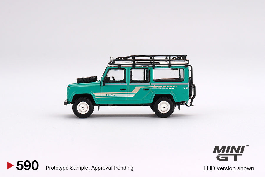 Land Rover Defender 110 1985 County Station Wagon Trident Green - Mini GT - Scala 1/64 MGT00590 R RHD