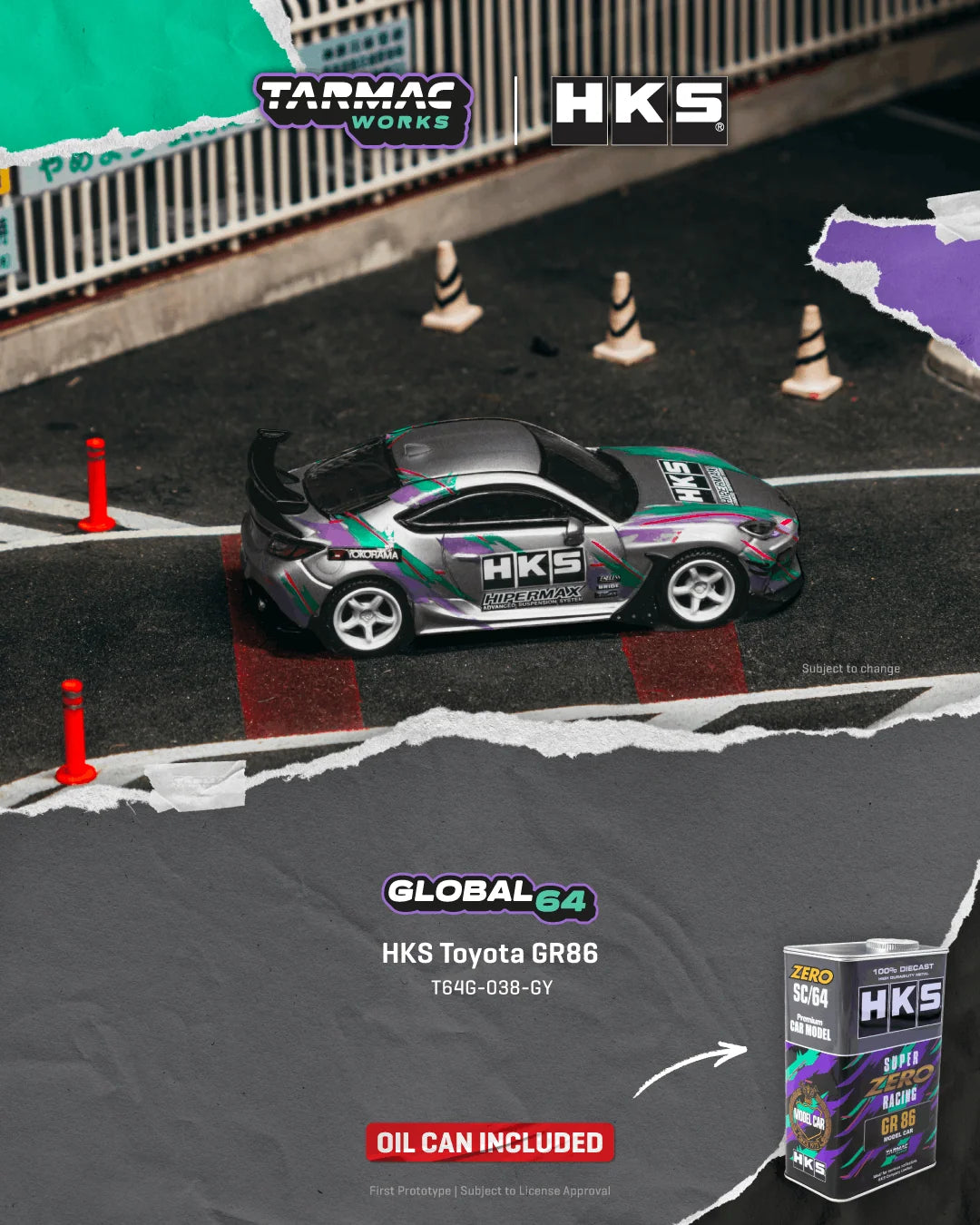 HKS Toyota GR86 Grey With Metal Oil Can Packaging - GLOBAL64 - Tarmac Works - Scala 1/64 T64G-038-GY