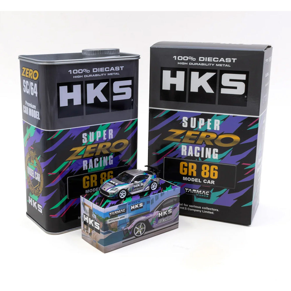 HKS Toyota GR86 Grey With Metal Oil Can Packaging - GLOBAL64 - Tarmac Works - Scala 1/64 T64G-038-GY