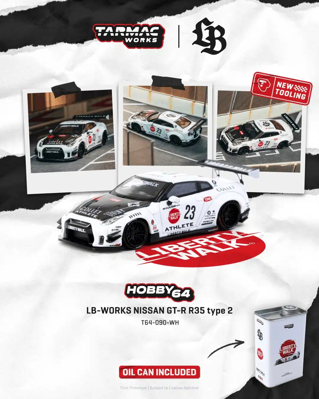 LB-WORKS Nissan GT-R R35 type 2 White With Metal Oil Can Packaging - HOBBY64 - Tarmac Works - Scala 1/64 T64-090-WH