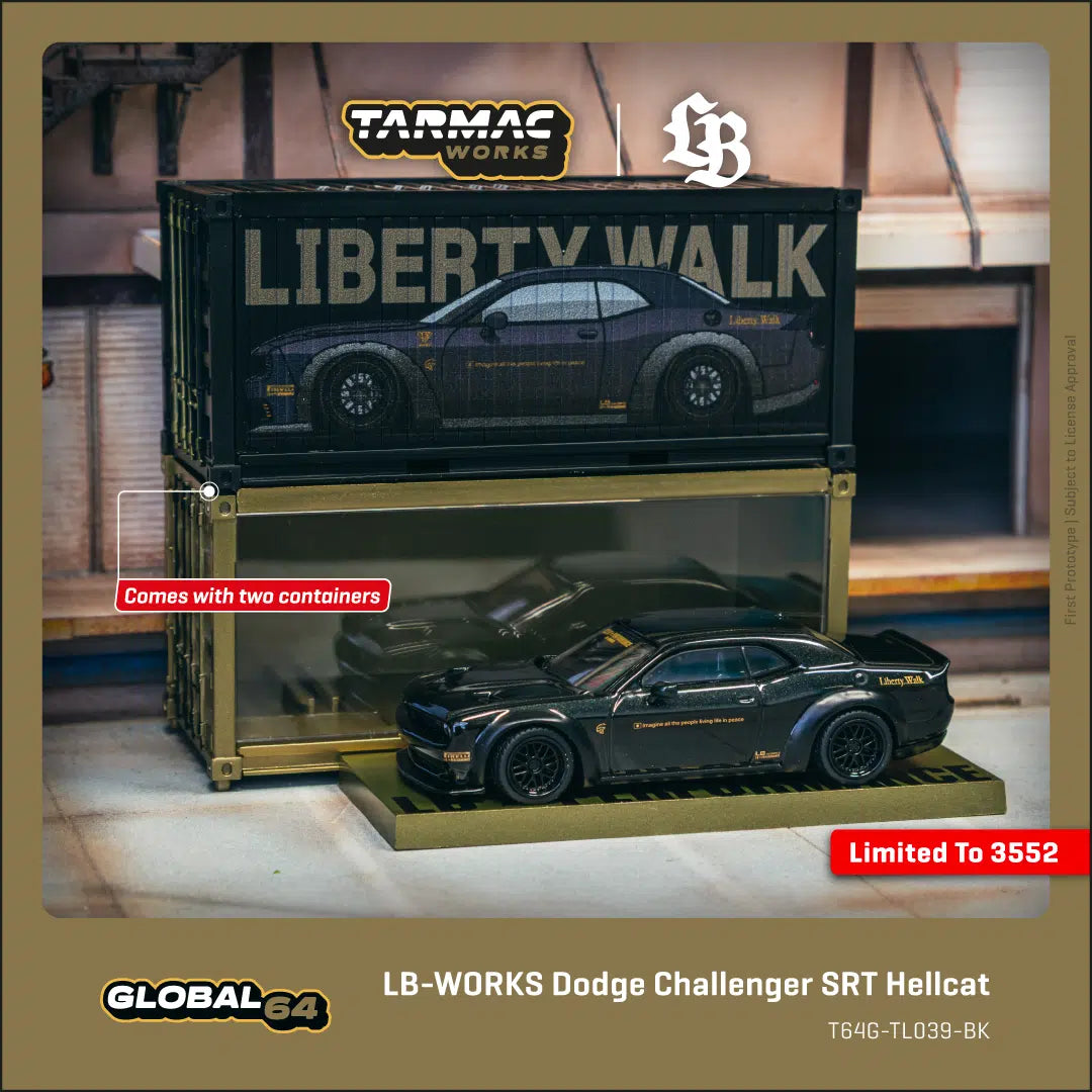 LB-WORKS Dodge Challenger SRT Hellcat Black Metallic with 2 containers - Tarmac Works GLOBAL64 - Scala 1/64 T64G-TL039-BK