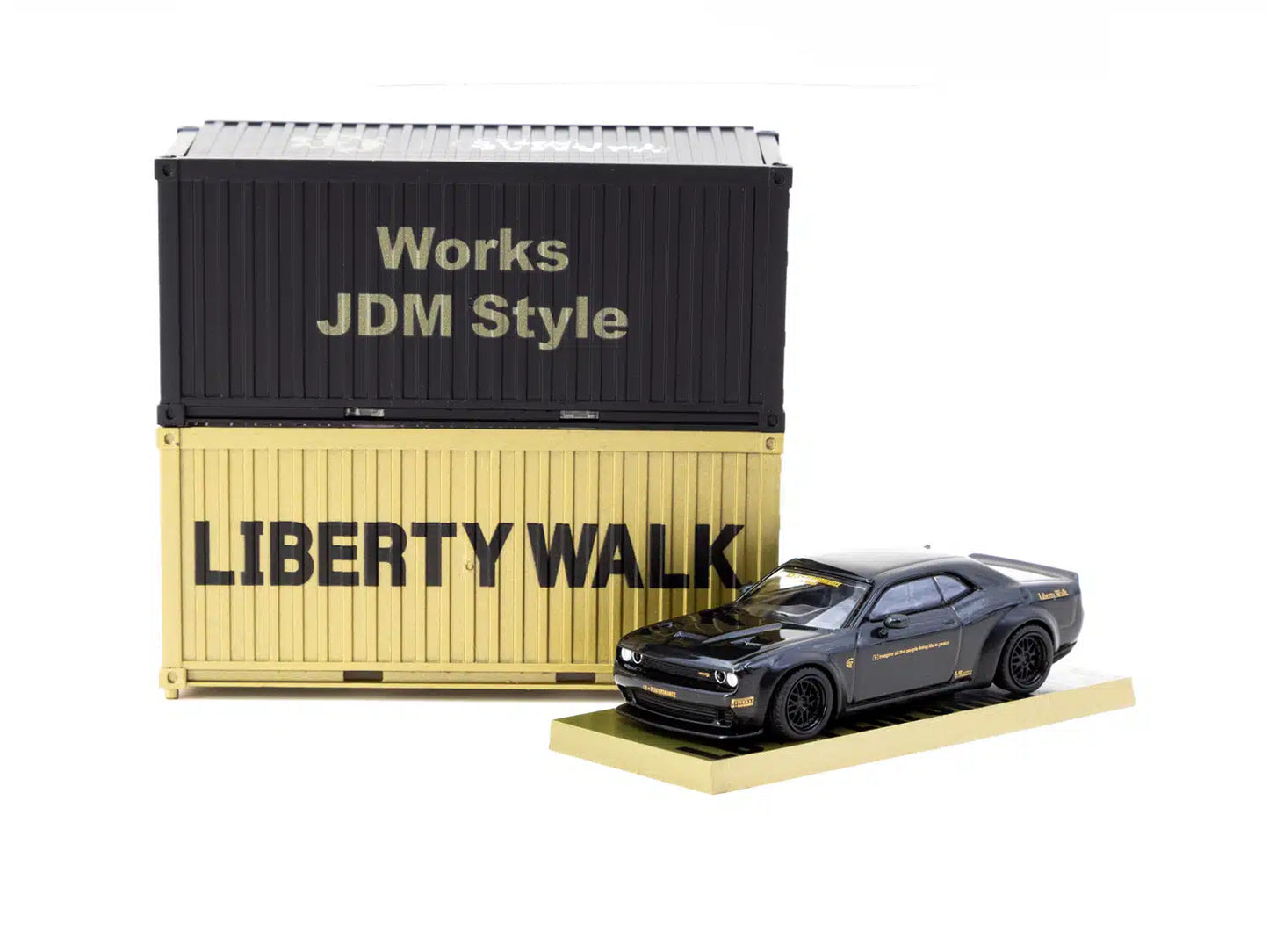 LB-WORKS Dodge Challenger SRT Hellcat Black Metallic with 2 containers - Tarmac Works GLOBAL64 - Scala 1/64 T64G-TL039-BK
