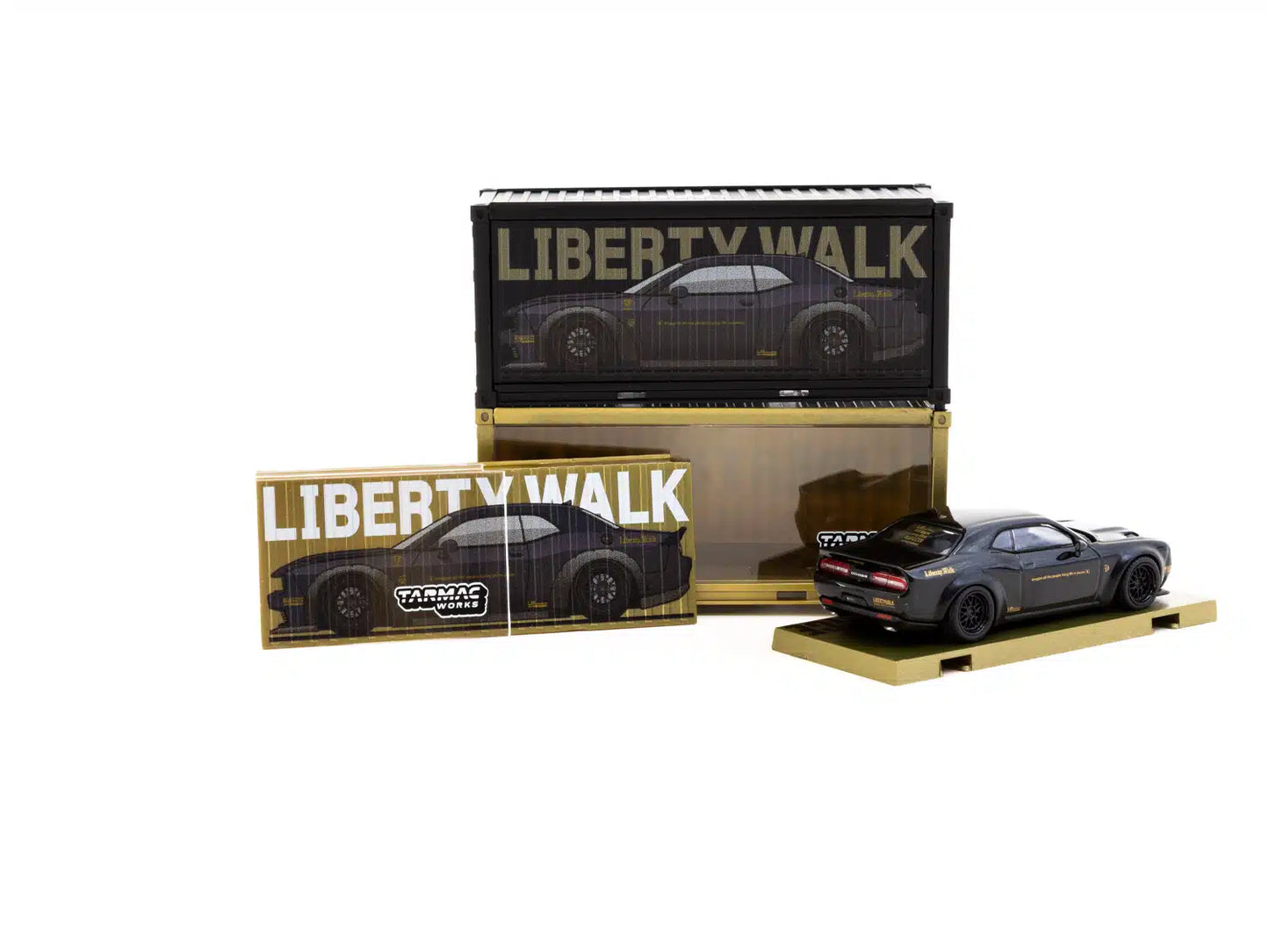 LB-WORKS Dodge Challenger SRT Hellcat Black Metallic with 2 containers - Tarmac Works GLOBAL64 - Scala 1/64 T64G-TL039-BK
