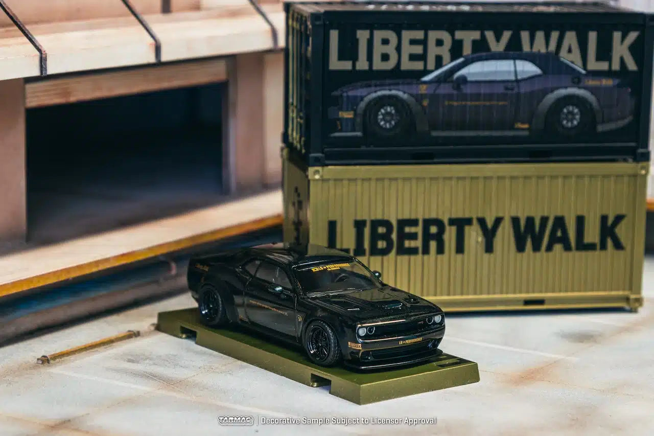LB-WORKS Dodge Challenger SRT Hellcat Black Metallic with 2 containers - Tarmac Works GLOBAL64 - Scala 1/64 T64G-TL039-BK