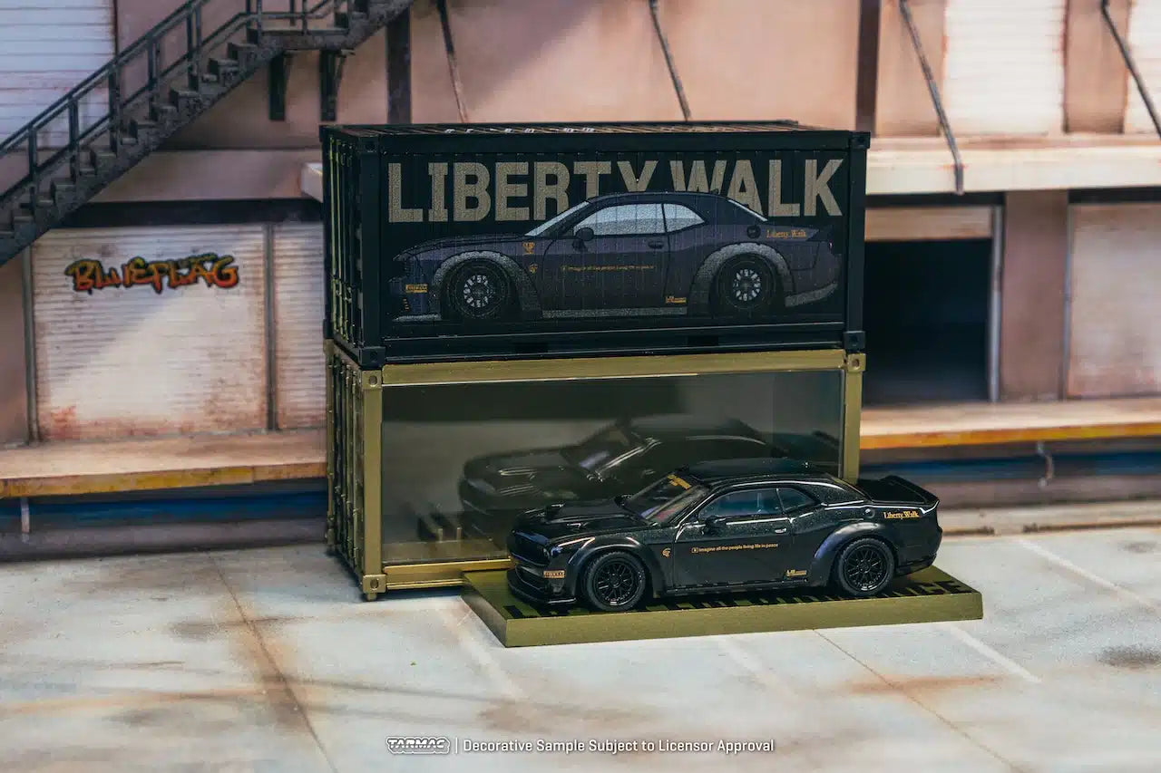 LB-WORKS Dodge Challenger SRT Hellcat Black Metallic with 2 containers - Tarmac Works GLOBAL64 - Scala 1/64 T64G-TL039-BK