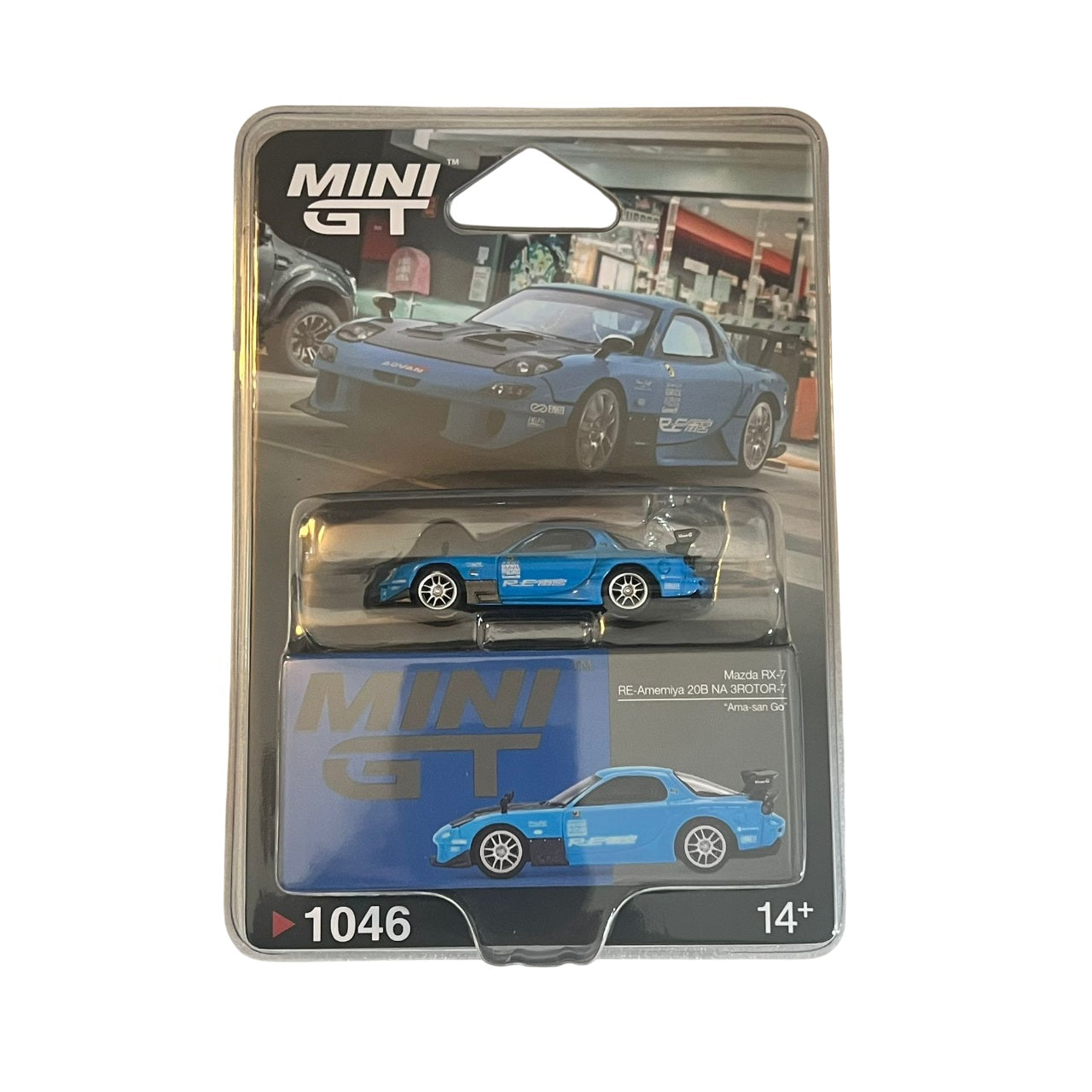 Mini GT - Mazda RX-7 RE-Amemiya 20B NA 3ROTOR-7 “Ama-san Go” 2024 - Scala 1/64 MGT01046-BL Blister Packaging