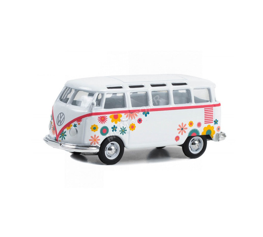 1964 Volkswagen Type 2 (T1) Samba Bus White with Graphics Flower Power - Club V-Dub - Greenlight - Scala 1/64