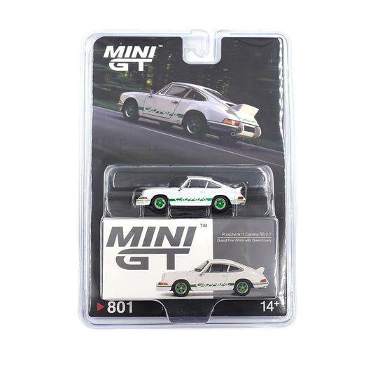 Porsche 911 Carrera RS 2.7 Grand Prix White with Green Livery - MINI GT - Scala 1/64 MGT00801-BL Blister Packaging
